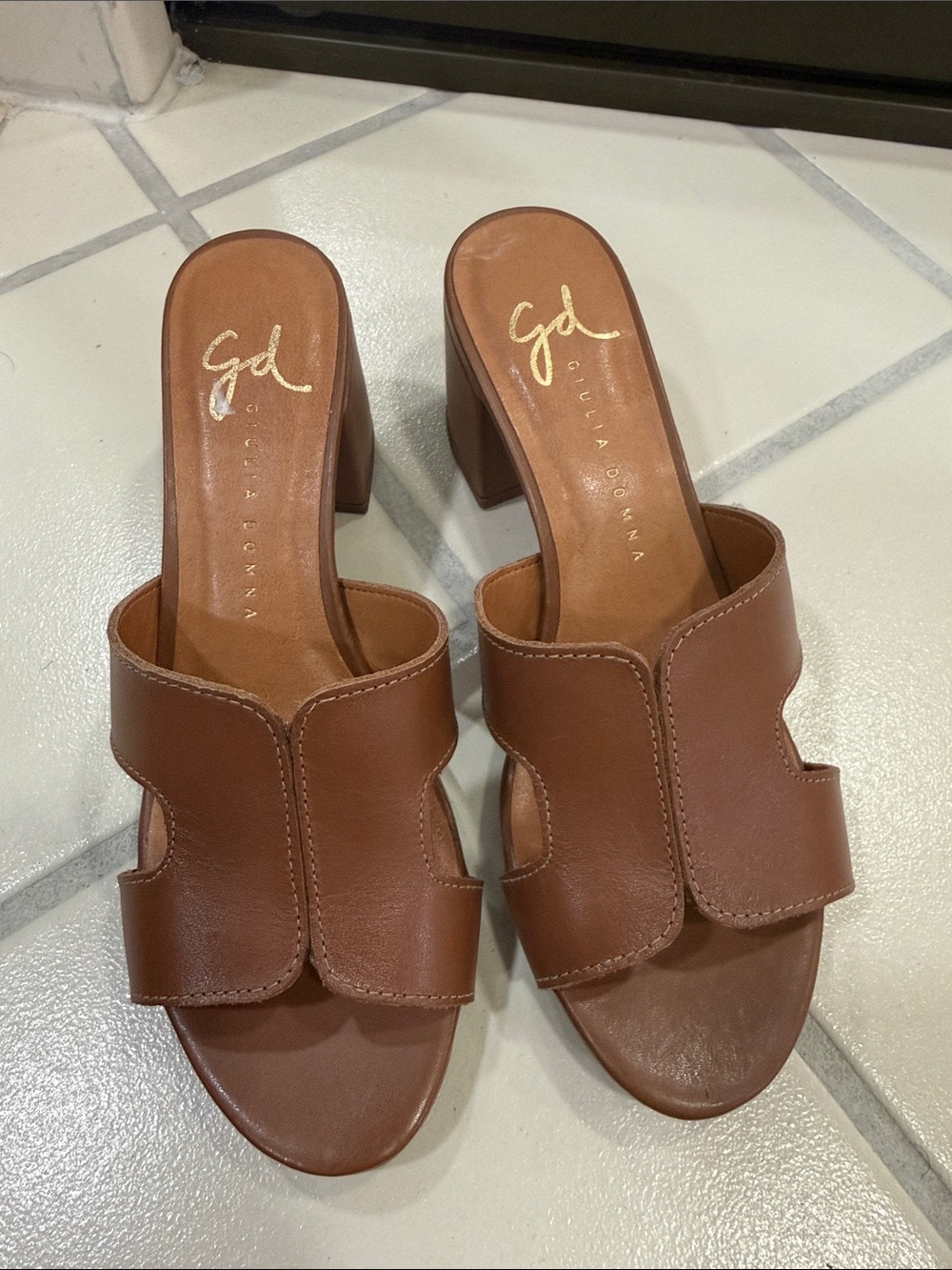 Brown Leather Block Heel Mules